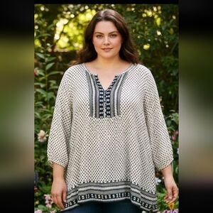 Faded Glory Womens 4X Navy Cream Boho Peasant Blouse Elbow Sleeve 5 Buttons